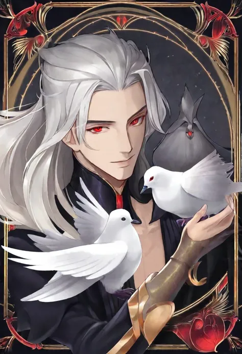 A handsome seductive young male with long white hair, red eyes. With a dove is his pet. Hes a magician. full body portrait
