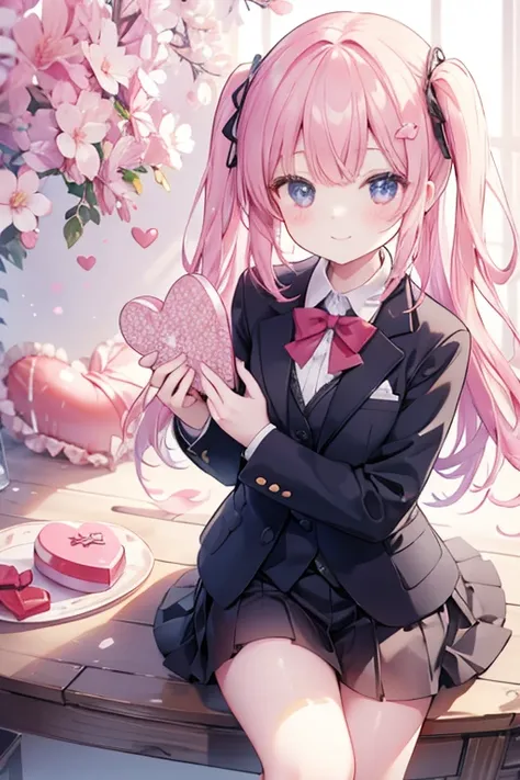 （Cute older sister:1.3）、smile,Spring atmosphere、In a suit、((Valentine&#39;s Day))、evening、blonde、Very detailed、chocolate