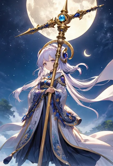 long staff that appears to be powered by the moonlight, topped with a crescent moon shaped gem