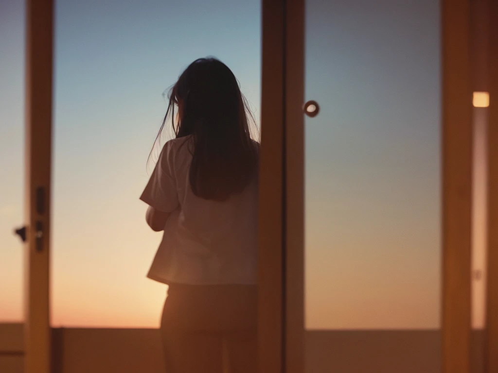 (Peephole view) , Voyeur , (old color negative film) , (soft focus) , (Bokeh:1.1) , woman , school , (Activities of daily living) , pan chira , looking away , Scratching the groin , twilight , dim light