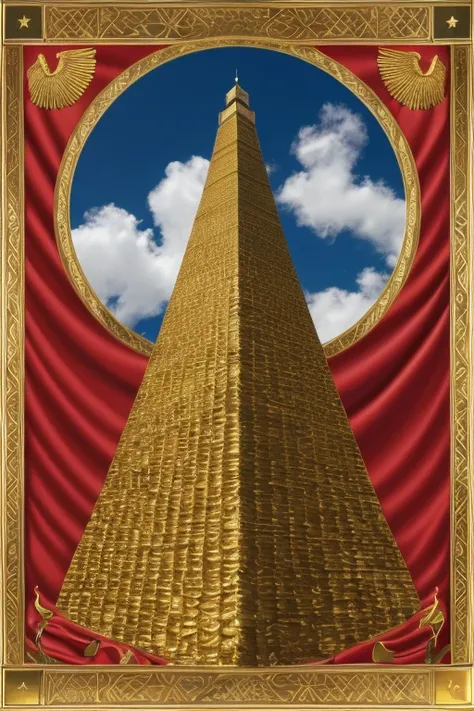 Empire flags inspired by the Tower of Babel With angels designs on the gold and red flag 