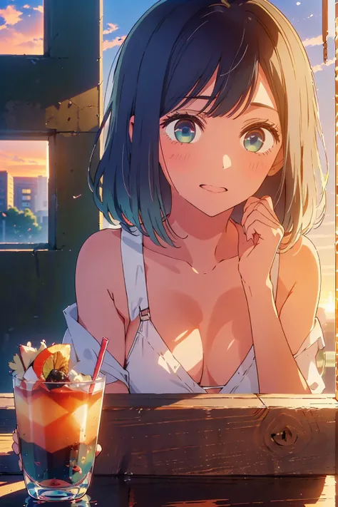 (Highest quality:1.4、masterpiece:1.4、Super detailed:1.4、8K:1.4)、F cup bust、Big Breasts、Slim body、((((1 person、Surprised expression、sit、In the background are the urban buildings of Tokyo、looking at the camera、Outdoor café terrace、Sunset Beach、Navy hair colo...