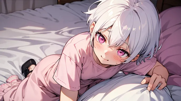 White Hair Girl、Pink Eyes、Short Hair、Only one girl、Night、In the bedroom、Blushing、laughing、Excited、Just One、Sitting on the bed、Sweating