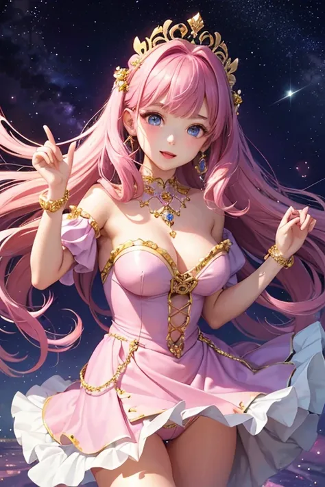 Highest quality、Highest quality、Masterpiece、woman１people、Purple shiny decollete dress、Golden embroidery、Frill mini skirt dress、Perfect body line、Adorable poses、Realistic、Glowing Skin、Groomed eyebrows、Pink Lips、Pink Hair、Blue Eyes、Twin tails、delicate、Shiny ...