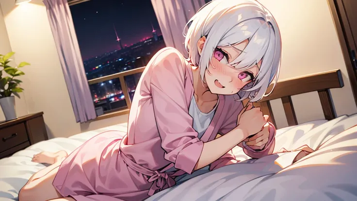 White Hair Girl、Pink Eyes、Short Hair、Only one girl、Night、In the bedroom、Blushing、laughing、Excited、Just One、Sitting on the bed、Sweating