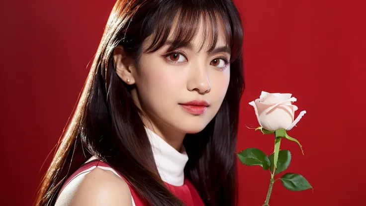 (a red rose),((red background)),(detailed face),VIVID,pretty,sleeveless and turtle neck ((white silky clothes)),4k ,super high resolution ,(photo-realistic: 1.7),black long hair,