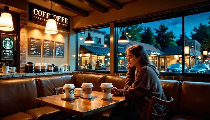 at night, cozy coffee shop interior with tables and coffee cups on them and a big windown in the center, night lighting