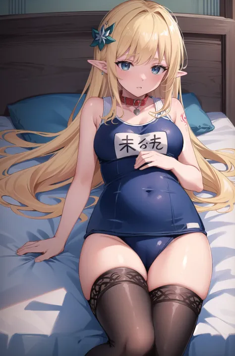 (masterpiece, best quality),  intricate details,
1girl,  mercedes (maplestory), 1girl,Wearing a school swimsuit, hair ornament, blonde hair, thighhighs, pointy ears, Naughty tattoo on the belly, Wearing a dog collar, laying on the bed, shy, shilyface