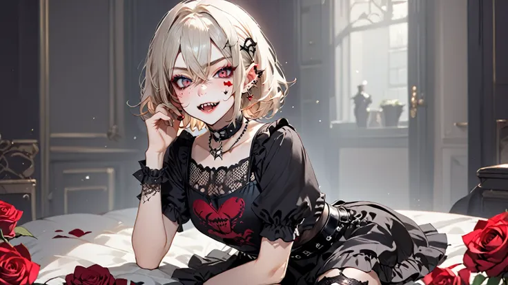 1girl, vampire girl, white blonde hair, hair between eyes, fangs, jewelry, hairclip, ear piercing, choker, necklace, eyeliner, gothic, playful winking expression, bandaid on face, looking at viewer, playful pose, skin detail, freckles, blush, star eyes, la...