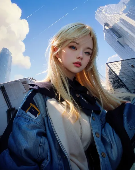 cute girl with blonde hair and blue jacket in front of a city, beautiful digital artwork, urban girl fanart, low detailed. digital painting, stunning digital illustration, realistic artstyle, in style of digital illustration, beautiful digital illustration...