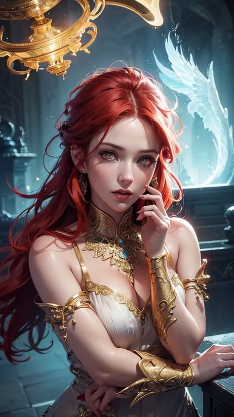 A beautiful woman with fiery red hair, bright yellow eyes, an angelic face, and a wonderful body, wearing (an elegant dress:1.2), (dramatic lighting:1.1), (CGI,3D render:1.2), (fantasy,enchanting:1.2), (highly detailed facial features:1.3), beautiful detai...