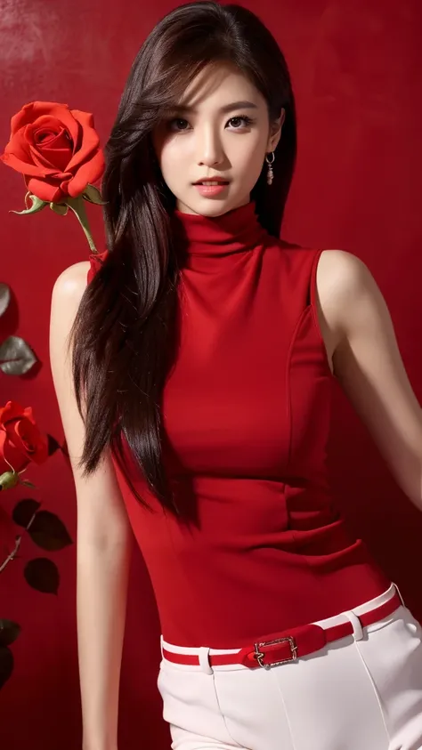 ((a rose)),red background,(detailed face),((crotch)),normal breasts,pretty,sleeveless and turtle neck white clothes,4k ,super high resolution ,(photo-realistic: 1.7),black long hair,
