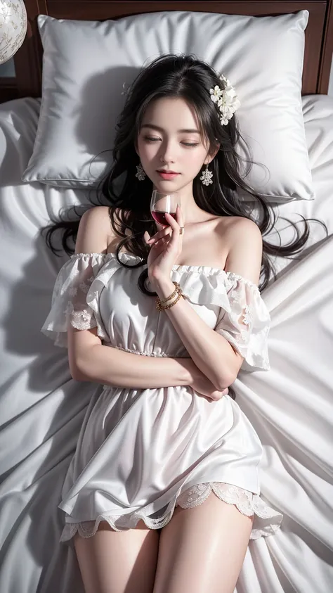 （(Girl lying on bed))、Beauty、 One Girl、alone、Long Hair、Viewer、smile、（Eyes closed)、hair ornaments、、gem、Gray Hair、Shut your mouth、Blunt banganicure、bracelet、lips、Grey Eyes、Portraiture、Red nails、close、赤いlips、Put your hands on your face、Place your hand on your...