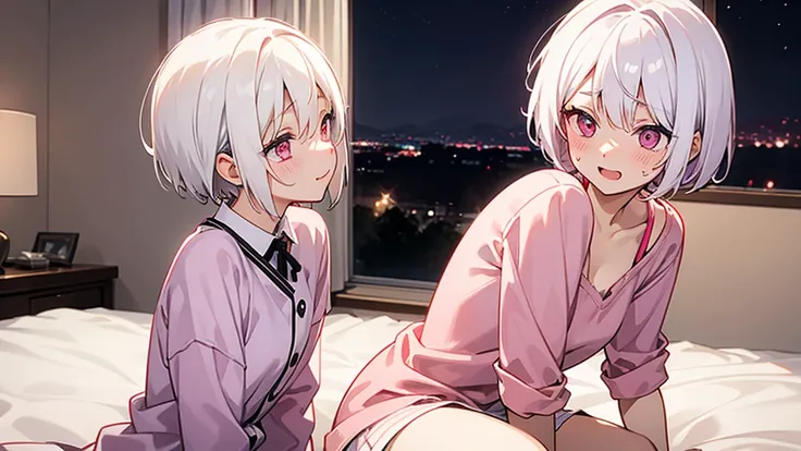 White Hair Girl、Pink Eyes、Short Hair、Only one girl、Night、In the bedroom、Blushing、laughing、Excited、Just One、Sitting on the bed、Sweating