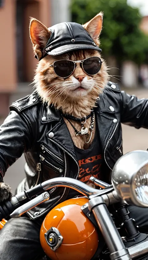 Closeup photo of a  drunken anthro, rocker cat on his motorbike, natural light