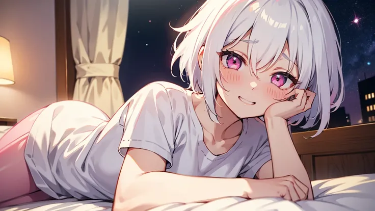 White Hair Girl、Pink Eyes、Short Hair、Only one girl、Night、In the bedroom、Blushing、laughing、Excited、Just One、Sitting on the bed、Sweating