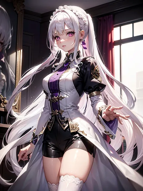 1girl, medium breasts, purple eyes, (((white hair))), hair ornaments, tall, young, outfit-gladiia, long hair, tied hair, indoors, black shorts, thigh-highs, low ponytail