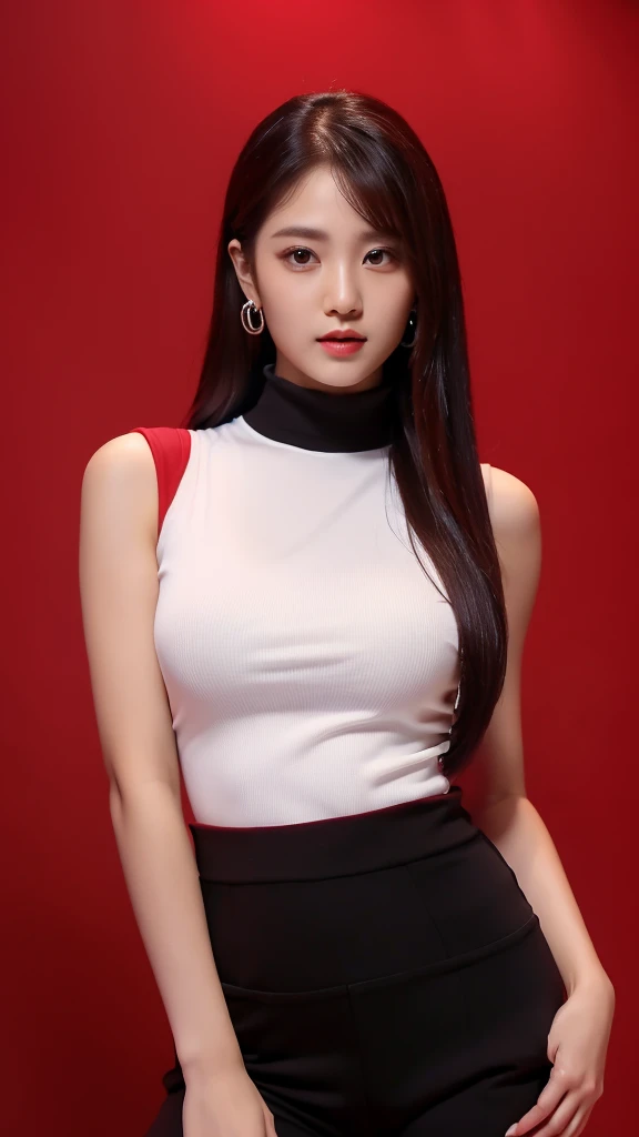 ((a rose)),red background,(detailed face),((crotch)),normal breasts,pretty,sleeveless and turtle neck white clothes,4k ,super high resolution ,(photo-realistic: 1.7),black long hair,