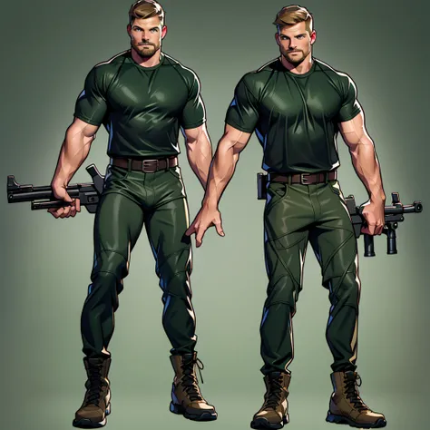 1 man, male focus solo, middle aged man,Stephen AMELL as an army man,  lean muscle,dark green T shirt, brown leather belt and boots, green(( camouflage tactical pants)) with ((big bulge)), full body shot, dark blond  short hair, well groomed facial hair, h...