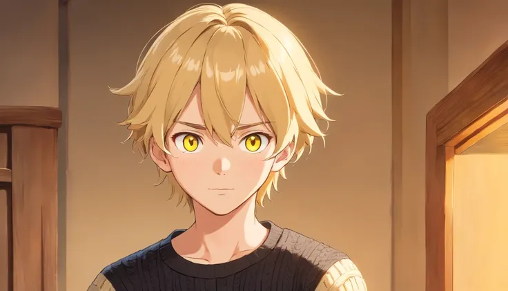 Blonde boy hairstyle with a braid, wearing a black t-shirt and a cream-colored sweater. Yellow eyes and light skin