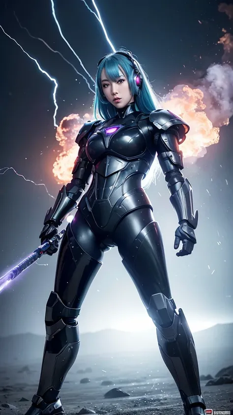 whimsical hyper realistic illustration of the beautiful mecha-robot-lady, Hatsune miku by artgerm, Gil Elvgren, Vladimir Volegov, Earl Moran, Enoch Bolls, wearing a cyborg black shiny metal armor-jacket-suit combination with samurai-battle-armor and big bl...