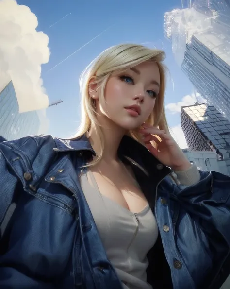 cute girl with blonde hair and blue jacket in front of a city, beautiful digital artwork, urban girl fanart, low detailed. digital painting, stunning digital illustration, realistic artstyle, in style of digital illustration, beautiful digital illustration...