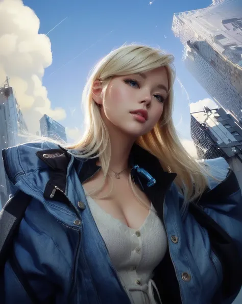 cute girl with blonde hair and blue jacket in front of a city, beautiful digital artwork, urban girl fanart, low detailed. digital painting, stunning digital illustration, realistic artstyle, in style of digital illustration, beautiful digital illustration...