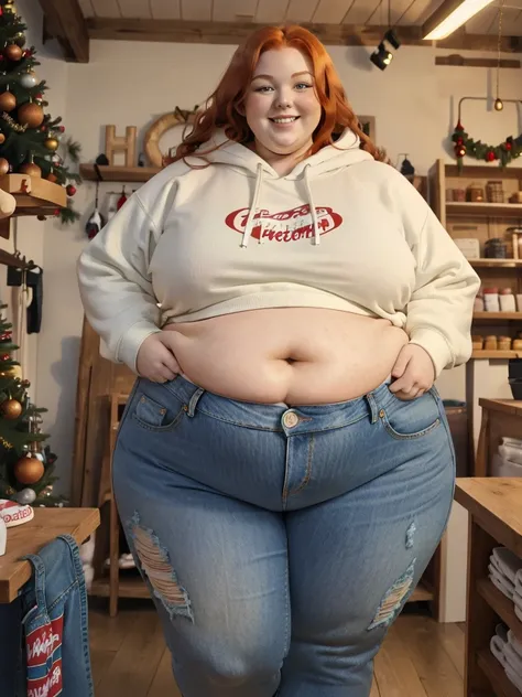 A happy photo of a young cute redhead bbw with long wavy ginger hair, huge soft fat belly, wide fat obese hips, thick fat legs and fat arms, cute pretty face, small breasts, blue eyes, freckles, in a cute long covering hoodie and long jeans in a chrismas s...