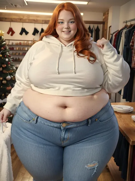 A happy photo of a young cute redhead bbw with long wavy ginger hair, huge soft fat belly, wide fat obese hips, thick fat legs and fat arms, cute pretty face, small breasts, blue eyes, freckles, in a cute long covering hoodie and long jeans in a chrismas s...