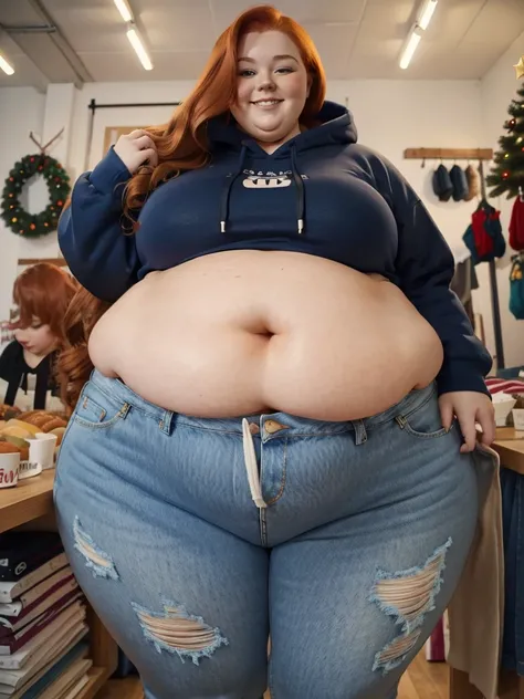 A happy photo of a young cute redhead bbw with long wavy ginger hair, huge soft fat belly, wide fat obese hips, thick fat legs and fat arms, cute pretty face, small breasts, blue eyes, freckles, in a cute long covering hoodie and long jeans in a chrismas s...