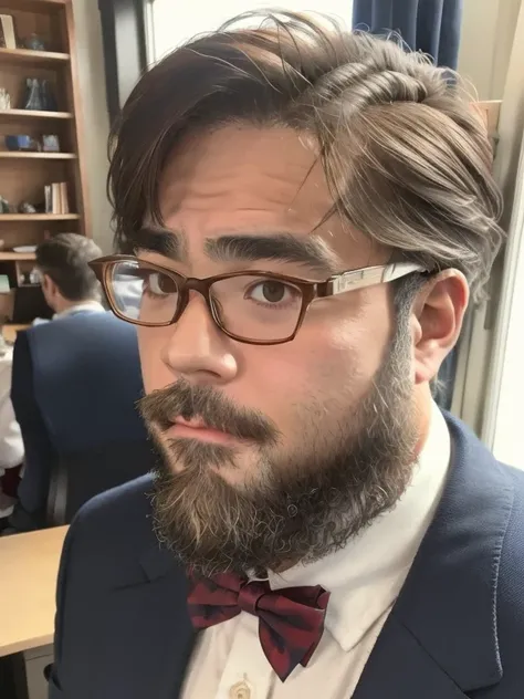 Glasses, beard, Brown eyes, very aesthetic, 1 boy, red bowtie, blue jacket, white shirt, blue shorts,Modern Office, Natural light through the window, Stylish desk, computer, Elegant posture, Confident expression