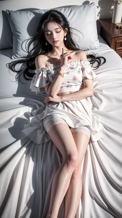 （(Girl lying on bed))、Beauty、 One Girl、alone、Long Hair、Viewer、smile、（Eyes closed)、hair ornaments、、gem、Gray Hair、Shut your mouth、Blunt banganicure、bracelet、lips、Grey Eyes、Portraiture、Red nails、close、赤いlips、Put your hands on your face、Place your hand on your...