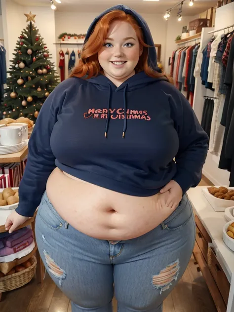 A happy photo of a young cute redhead bbw with long wavy ginger hair, huge soft fat belly, wide fat obese hips, thick fat legs and fat arms, cute pretty face, small breasts, blue eyes, freckles, in a cute long covering hoodie and long jeans in a chrismas s...