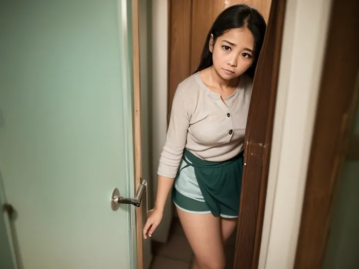 (Peephole view) , Voyeur , (old color negative film) , (soft focus) , (Bokeh:1.1) , mature woman , school , (Activities of daily living) , pan chira , looking away , Scratching the groin , twilight , dim light , underwear