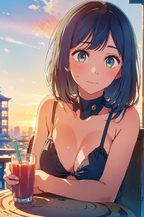 (Highest quality:1.4、masterpiece:1.4、Super detailed:1.4、8K:1.4)、F cup bust、Big Breasts、Slim body、((((1 person、Surprised expression、sit、In the background are the urban buildings of Tokyo、looking at the camera、Outdoor café terrace、Sunset Beach、Navy hair colo...