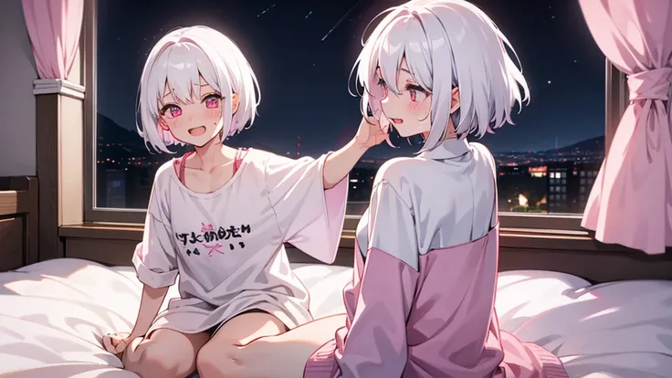 White Hair Girl、Pink Eyes、Short Hair、Only one girl、Night、In the bedroom、Blushing、laughing、Excited、Just One、Sitting on the bed、Sweating