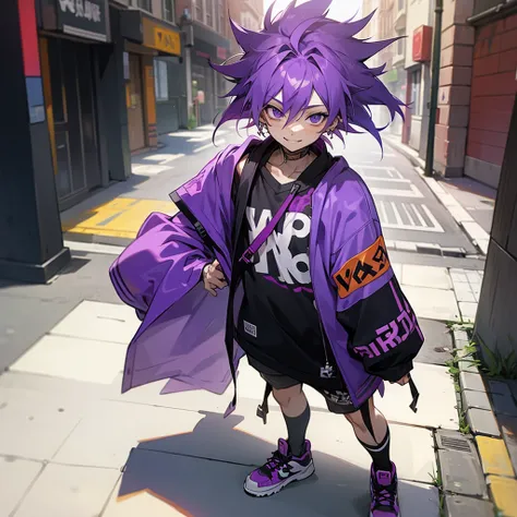 1male , Purple Hair , Messy Hair , Earring , Streetwear , Standing on sidewalk, smile maniac 