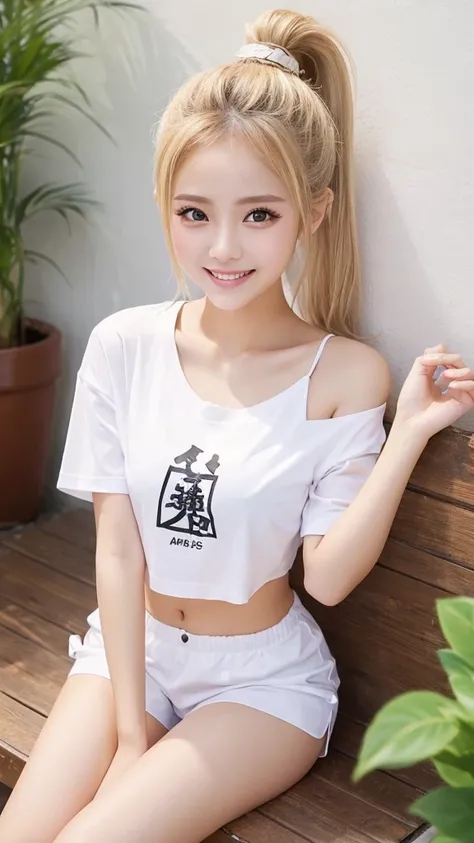 Highest pixels、Highest quality、Highest quality、masterpiece、Blonde、High ponytail、summer、Date、White shorts、Sexy、T-Shirts、smile、Beautiful legs、Big eyes、Panty shot、Real、Sharp eyes、double eyelid、Young Japanese woman