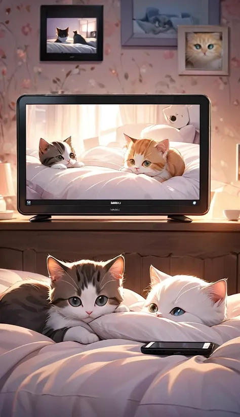 Photographically illustrate the following description.
 This picture shows two kittens on a bed with their heads on pillows, looking at a smartphone screen. The cats are relaxed and look as if they are watching TV or video like humans. The pillows look sof...