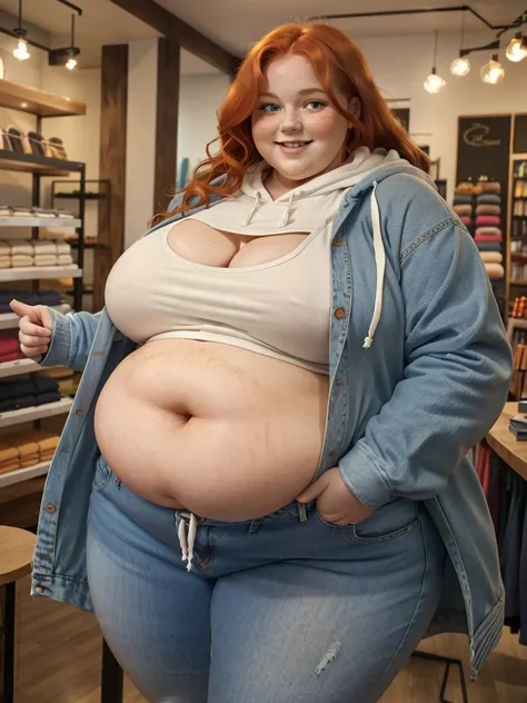 A happy photo of a young cute redhead bbw with long wavy ginger hair, huge soft fat belly, wide fat obese hips, thick fat legs and fat arms, cute pretty face, small breasts, blue eyes, freckles, in a cute long covering hoodie and long jeans in a chlothes s...