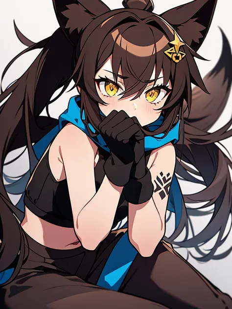 1 fox woman, fox ears, six fox tails, dark brown hair, one ponytail, yellow star-shaped hair clip, brown eyes, tattoo of a black heart on the cheek, serious face, grey scarf, black top, black fingerless gloves, blue harem pants, black shoes, square backgro...