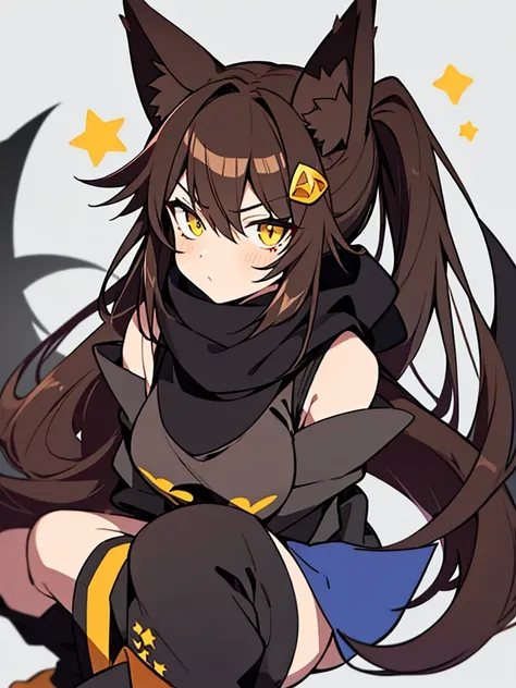 1 fox woman, fox ears, six fox tails, dark brown hair, one ponytail, yellow star-shaped hair clip, brown eyes, tattoo of a black heart on the cheek, serious face, grey scarf, black top, black fingerless gloves, blue harem pants, black shoes, square backgro...