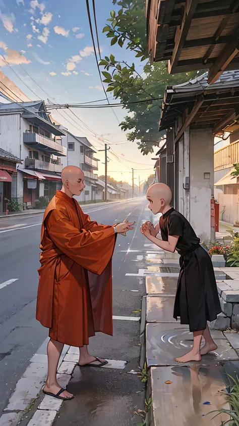 arafed monk giving a boy a water hose on the side of the road, Buddhist monk, 2 1 st century monk, fisting monk, monk, Thawan Duchanee, pray, monk meditate, Taken at golden hour, wearing a brown coat, monks, very powerful, The difficult morning light, Budd...