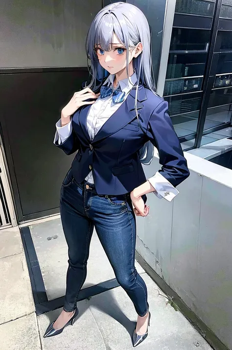 Elegant but somewhat disheveled. Slightly disheveled hair, intense stare, professional but practical attire,With dark gray jacket,blue jeans and high shoes, with an anime style with silver hair ,bust g cup and noticeable hips