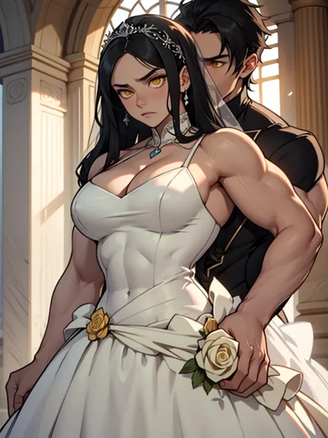 large breasts muscular toned body bodybuilder black hair pale skin yellow eyes skintight expressionless sad sad wedding dress wedding dress wedding dress solo