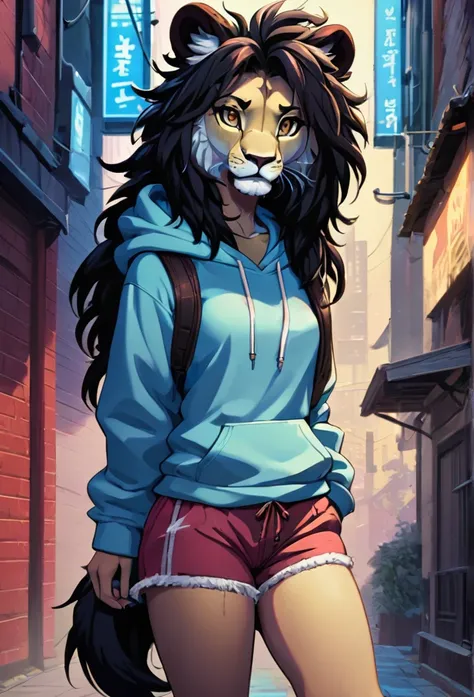 Stylized cinematic anime artwork, fluffy anthro furry, lion, female, black dreadlock hair, dreadlocks are tucked back, hoodie, shorts, single tail, subsurface scattering, smooth lines, caustics, hyper realistic painting