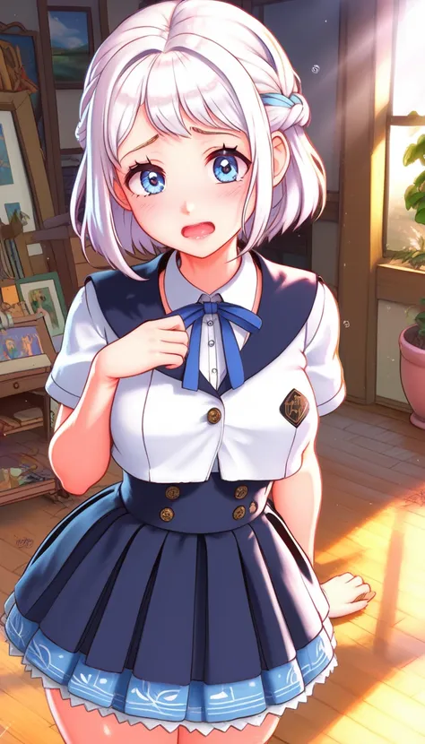 16k,8k,4K, lilja-default , katsuragi lilja,blue eyes,white hair,short hair,braid,,sailor collar,neck ribbon, white shirt,layered skirt,high-waist skirt,blush,embarrassing,big breast,thick thighs,shiny skin, 16k, 8k, 4k, best quality, extremely detailed fin...