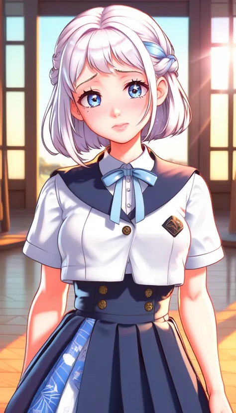 16k,8k,4k, lilja-default , katsuragi lilja,blue eyes,white hair,short hair,braid,,sailor collar,neck ribbon, white shirt,layered...