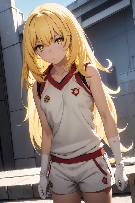 misakishokuhou, misaki shokuhou, blonde, Hair between the eyes, Long Hair, (Symbol-shaped pupil:1.5), + +, (Yellow Eyes:1.5), (Medium Chest:1.2), break bare shoulders, gloves, gym shirt, gym Shorts, Gym suit, shirt, short Shorts, Shorts, Sleeveless, Sleeve...