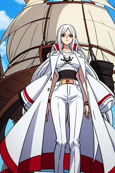 Tall young girl with long white hair physically strong long legs black coat over shoulders T-shirt and tight red and white pants on a pirate ship 